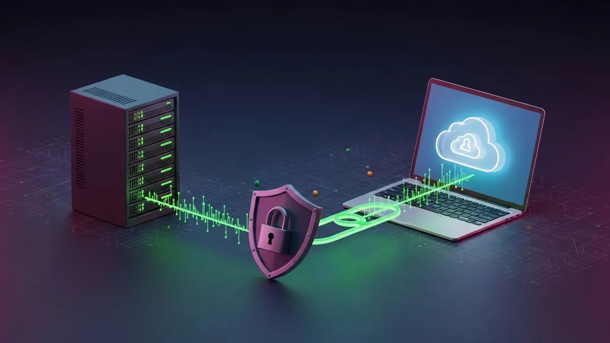 Waage zwischen lokalem Server und Cloud-Laptop, abgesichert durch ein Schild mit Schloss
